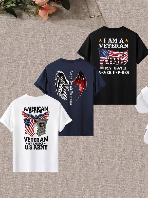 Men'WB shield American Flag & Letter Print Short Sleeve Tee, Regular Fit Casual Graphic Round Neck T-Shirt for Summer,...