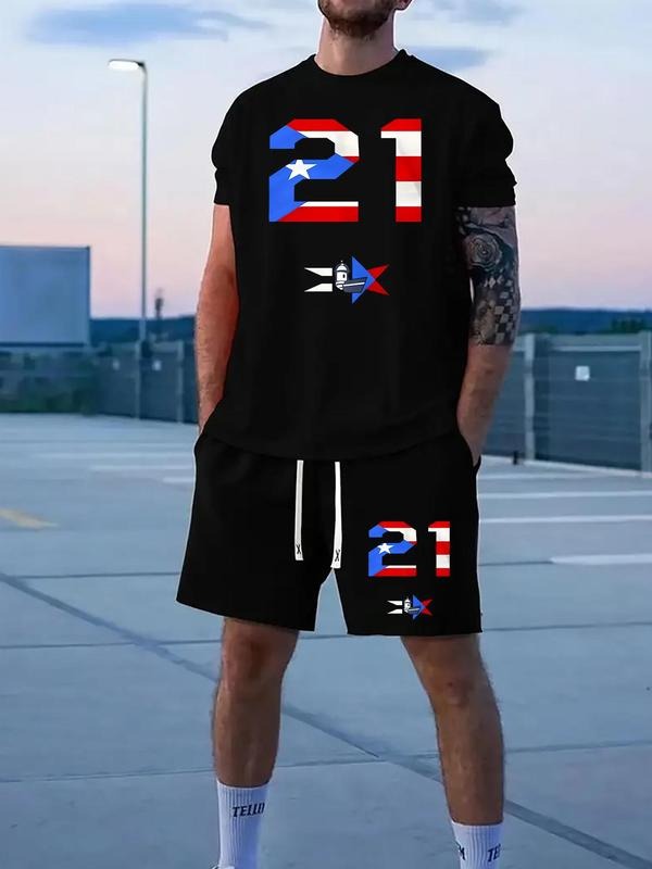 Men'WB shield American Flag Gunpla brand Figure Print Crew Neck Tee & Drawstring Waits Shorts Straw hat pirates Set,...