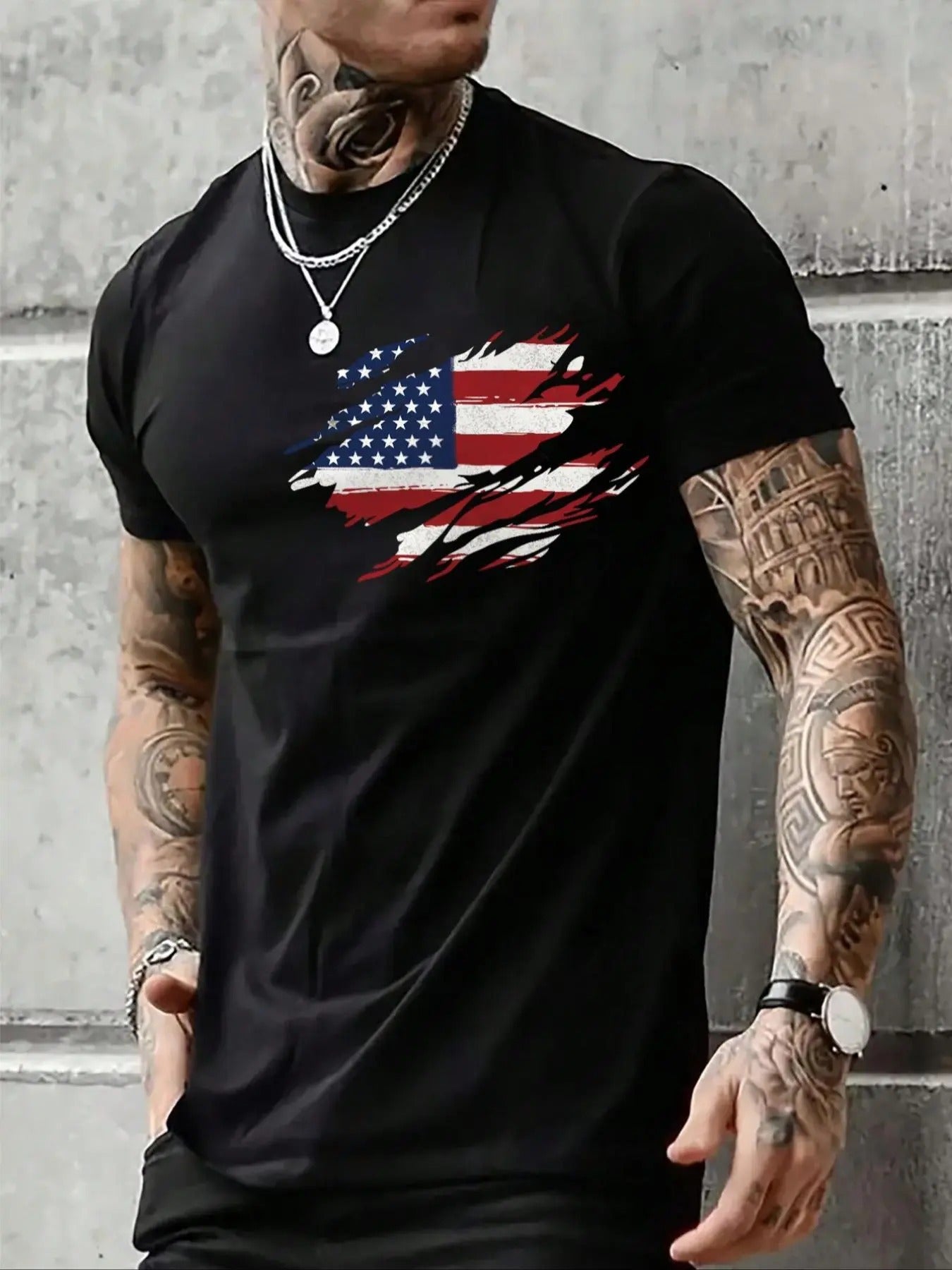 Men'WB shield American Flag Print Round Neck Tee, Regular Fit Casual Short Sleeve Crew Neck T-Shirt for Summer, Fashion...