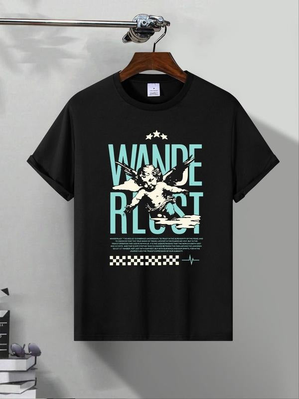 Men'WB shield Angel & Letter Print Round Neck Graphic Tee, Regular Fit Casual Short Sleeve T-shirt for Summer, Men'WB...