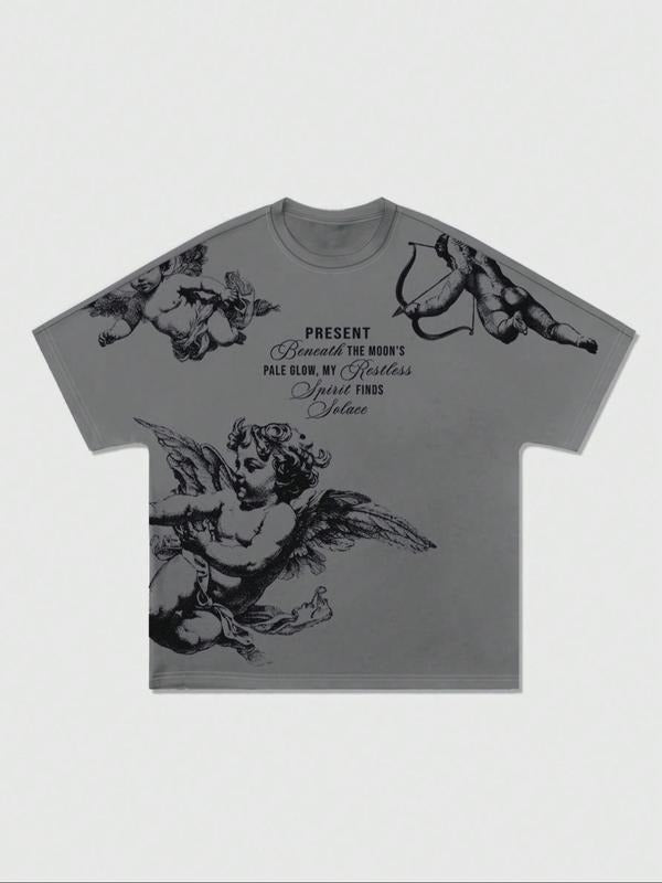 Men'WB shield Angel Print Round Neck Tee, Loose Casual Fashion Short Sleeve T-shirt for Daily Wear, Men'WB shield...