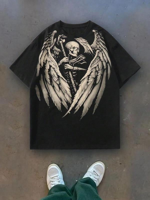 Men'WB shield Angel Wing Print Short Sleeve Tee, Regular Fit Casual Comfy Round Neck T-shirt for Summer, Men'WB shield...