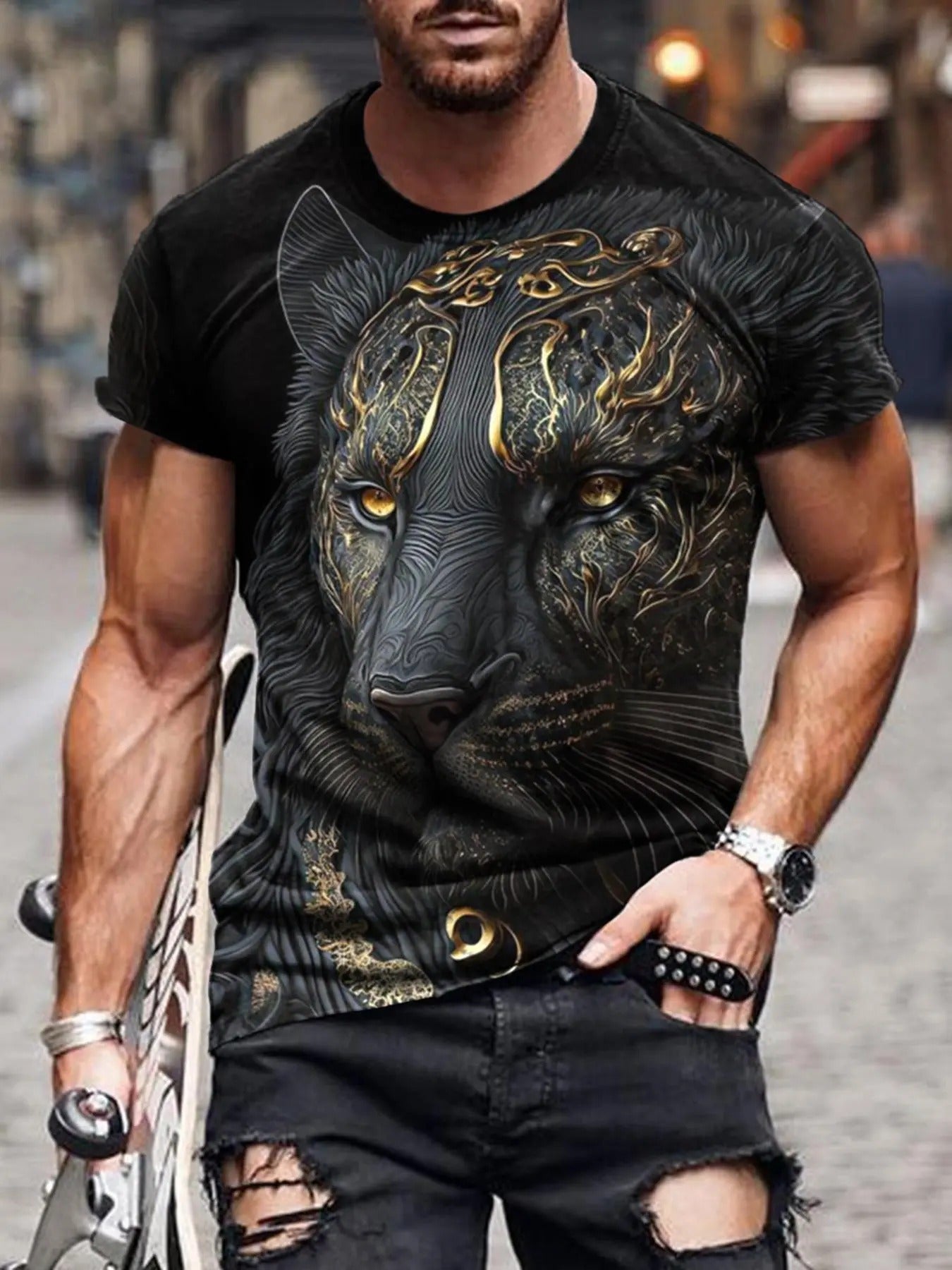 Men'WB shield Animal Print Short Sleeve Round Neck Tee, Regular Fit Fashion Casual Crew Neck T-shirt for Daily Outdoor Wear, Casual Summer Top for Men