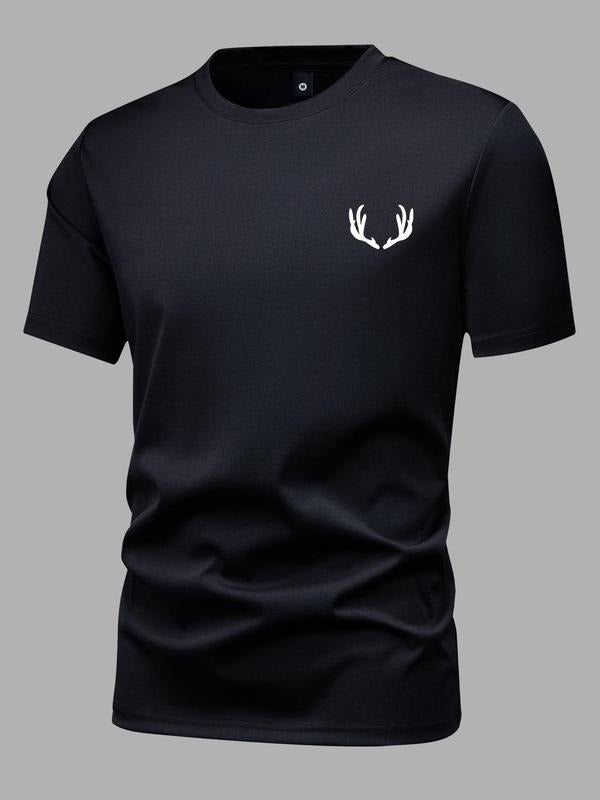 Men'WB shield Antler Print Round Neck Short Sleeve Tee, Summer TNF, Crew Neck Animal Graphic T-shirts, Black Casual Comfy...