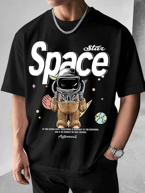 Men'WB shield Astronaut Bear & Space Print Round Neck Tee, Regular Fit Casual Short Sleeve T-shirt for Daily Wear, Men'WB...