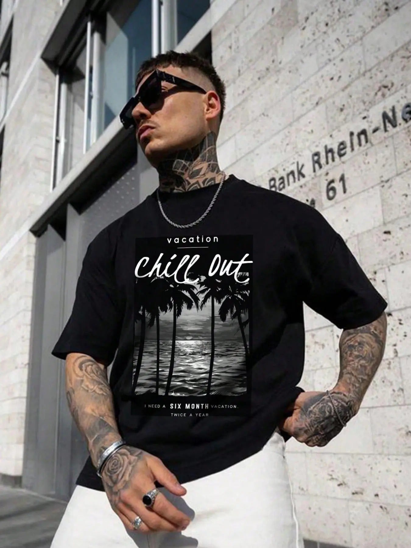 Men'WB shield Beach & Letter Print Drop Shoulder Tee, Regular Fit Palm Tree Printed Short Sleeve Round Neck T-Shirt for Summer, Casual Comfy Men'WB shield Top for Daily Wear