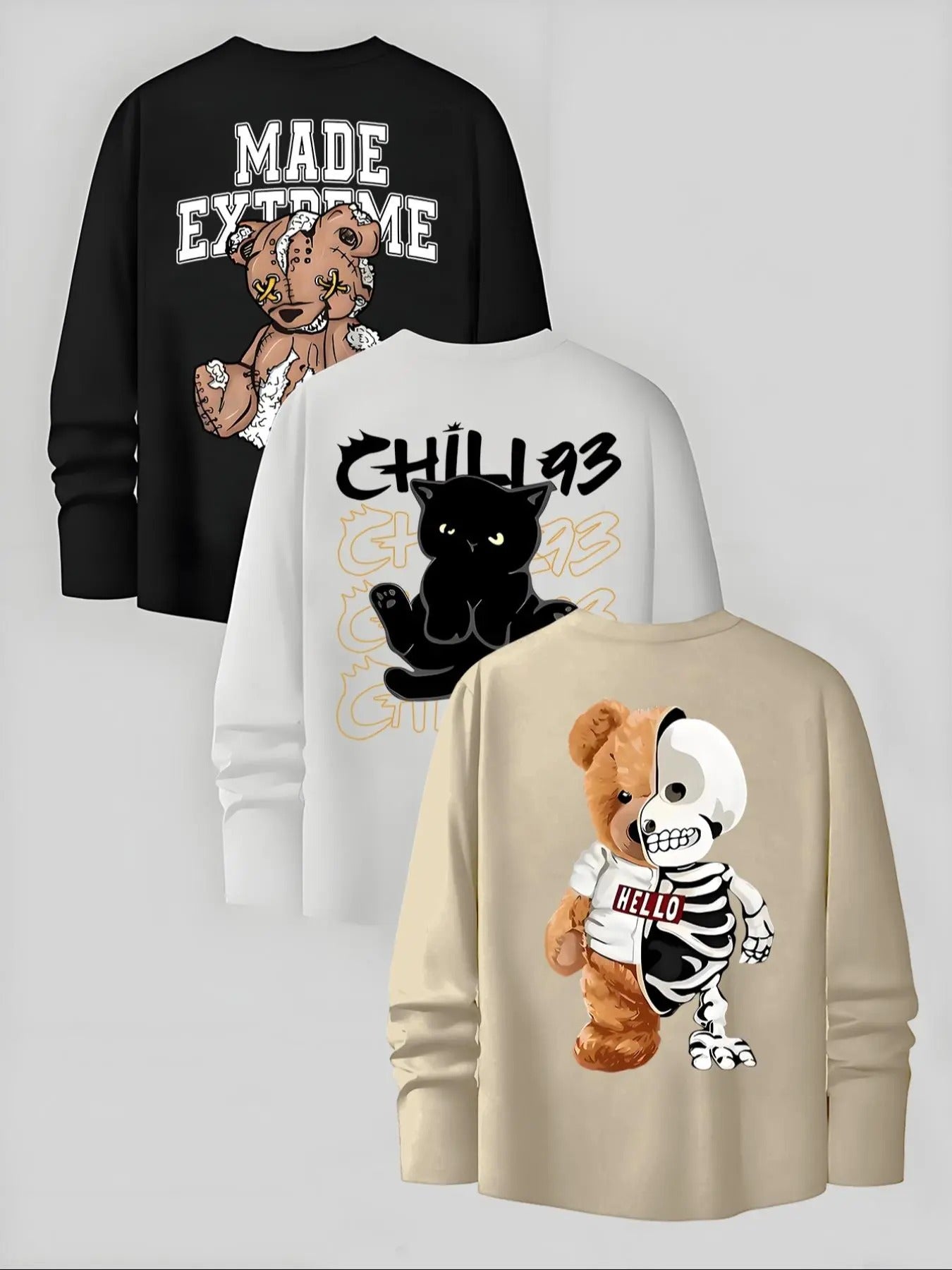 Men'WB shield Bear & Cat & Skeleton Print Long Sleeve Tee, Regular Fit Casual Letter Graphic Crew Neck T-shirt for Fall,...