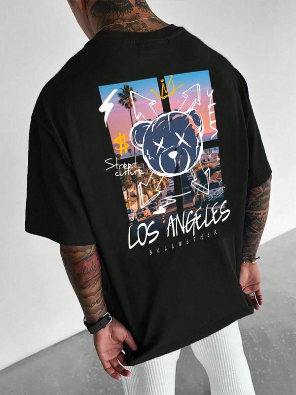 Men'WB shield Bear & Landscape Print Round Neck Tee, Regular Fit Casual Street Short Sleeve T-shirt for Daily Wear,...