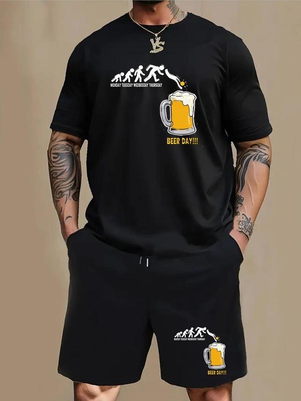 Men'WB shield Beer & Letter Print Short Sleeve Tee & Drawstring Shorts Straw hat pirates Set, Regular Fit Casual Round...