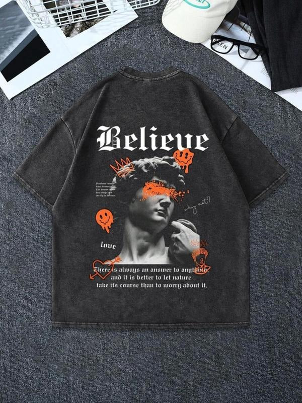 Men'WB shield Believe Letter Print Graphic Tee, Regular Fit Casual Short Sleeve Round Neck T-shirt for Summer, Men'WB...