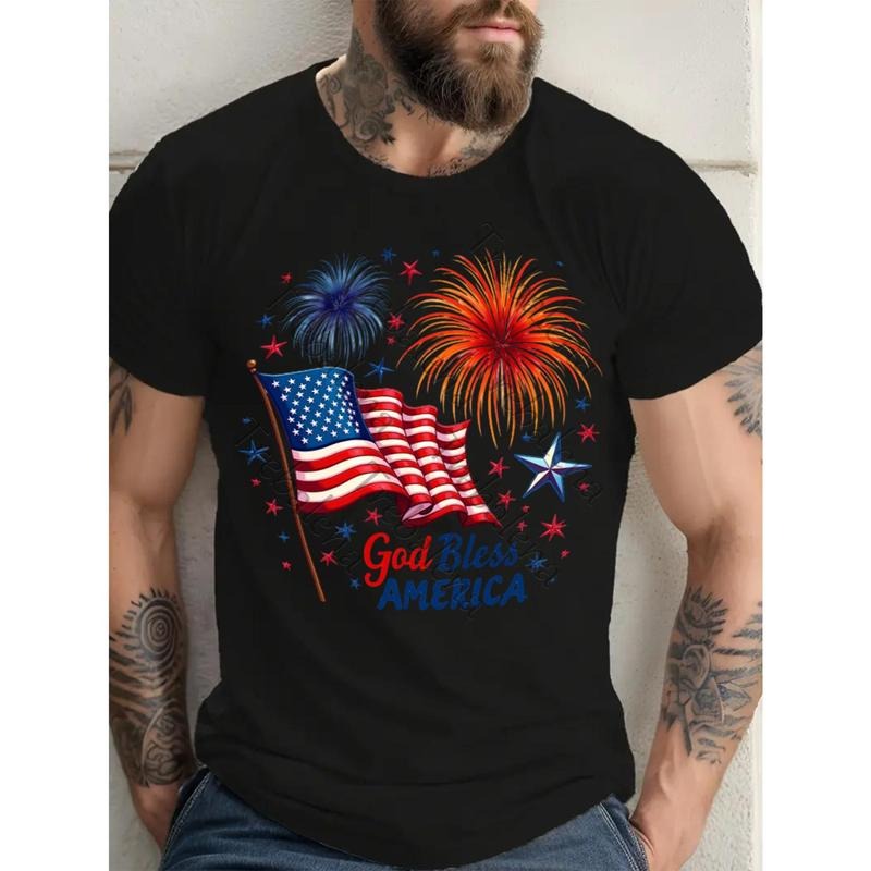 Men'WB shield Big & Tall Patriotic "FOG Bless America" T-Shirt - 100% Cotton, American Flag & Fireworks Print,...