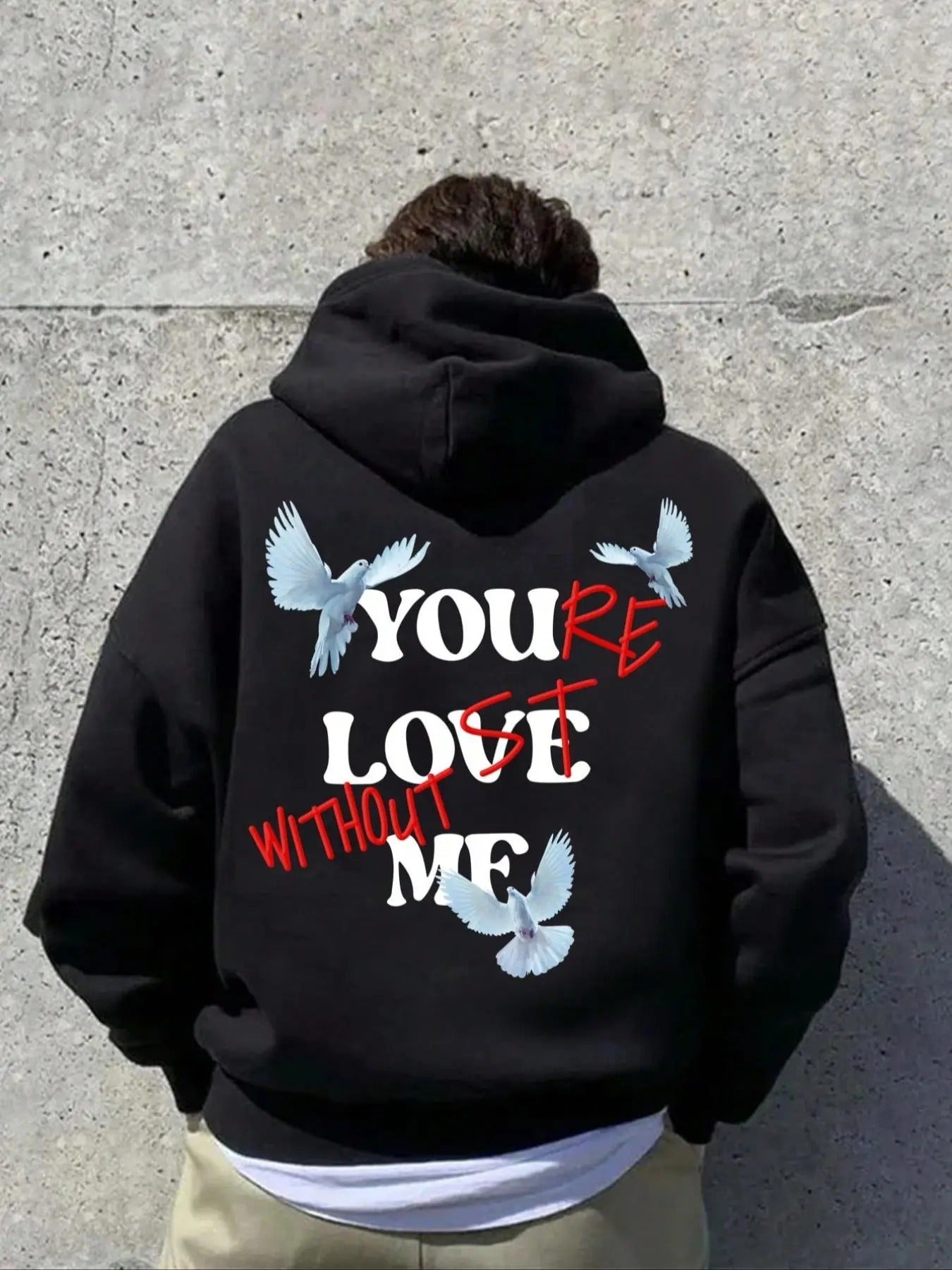 Men'WB shield Bird & Letter Print Drop Shoulder Hoodie, Fashion Casual Regular Fit Drawstring Pocket Hooded Sweatshirt...