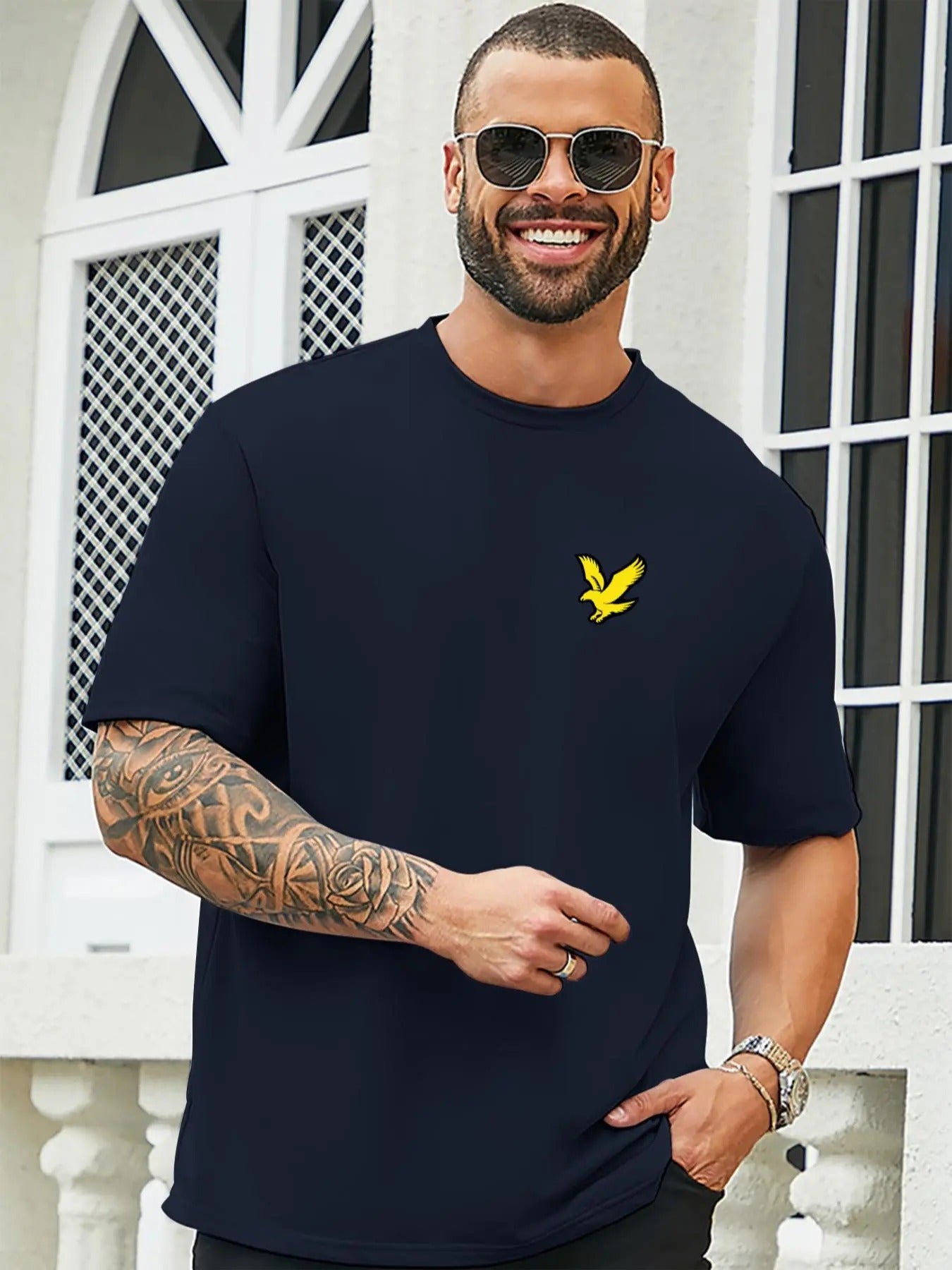 Men'WB shield Bird Print Round Neck Tee, Regular Fit Casual Short Sleeve T-Shirt for Summer, Men'WB shield Top for Daily...