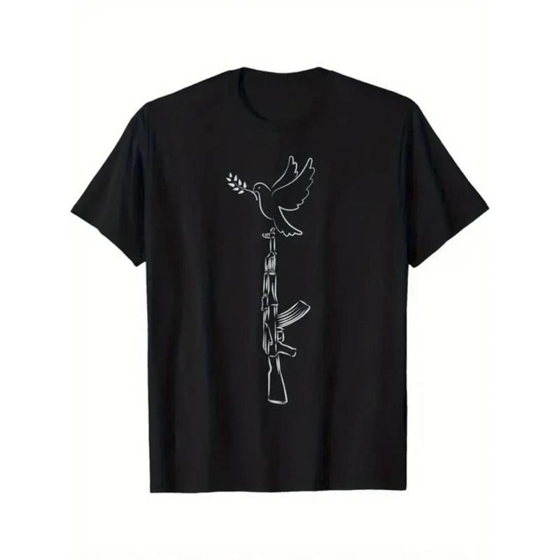 Men'WB shield Black Cotton Graphic T-Shirt - Dove & Olive Branch Peace Symbol Print Casual Streetwear, Regular Fit Round...