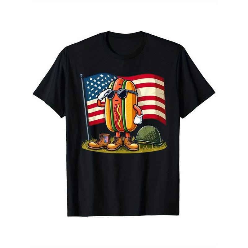 Men'WB shield Black Cotton T-Shirt with Patriotic Hot Dog & American Flag Graphic