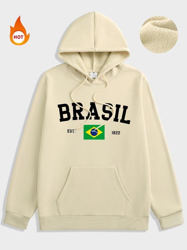 Men'WB shield Brazil Flag & Letter Print Drawstring Fleece Hoodie, Regular Fit Casual Pocket Long Sleeve Hooded...