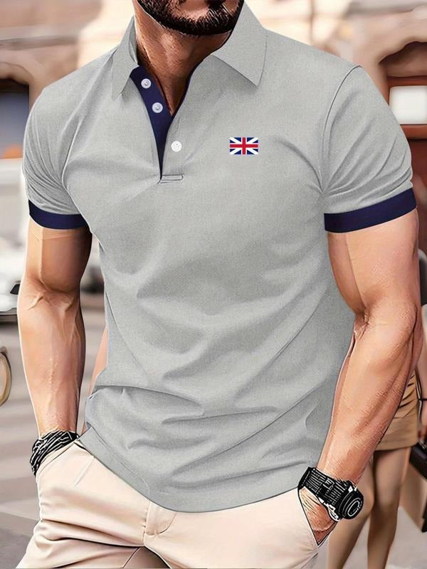 Men'WB shield British Flag Print Short Sleeve Polo Shirt, Casual Regular Fit Half Button Front Collared Top for Summer,...