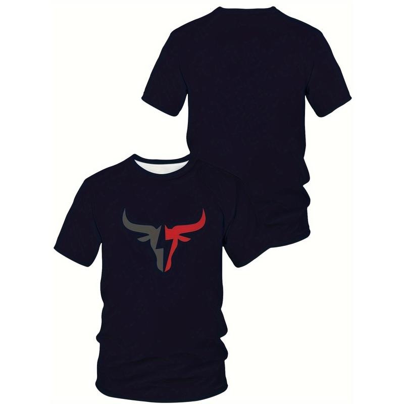 Men'WB shield Bull Graphic Print T-shirt, Casual Short Sleeve Crew Neck Tee, Men'WB shield Clothing For Summer Outdoor...