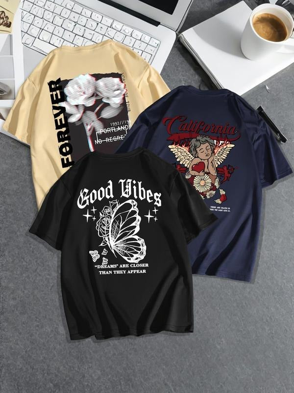 Men'WB shield Butterfly & Letter Print Short Sleeve Graphic Tee, Regular Fit Casual Round Neck T-shirt for Summer, Men'WB...