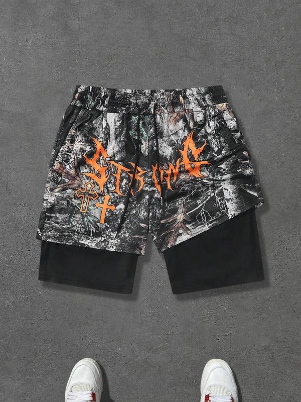 Men'WB shield Camo Print Letter Print Shorts, Street Fashion Casual Loose Drawstring Waist Shorts for Daily Wear, Men'WB...