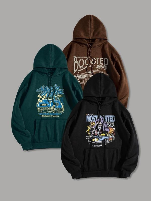 Men'WB shield Car & Letter Print Drawstring Hoodie, Regular Fit Casual Pocket Long Sleeve Hooded Sweatshirt, Men TNF for...