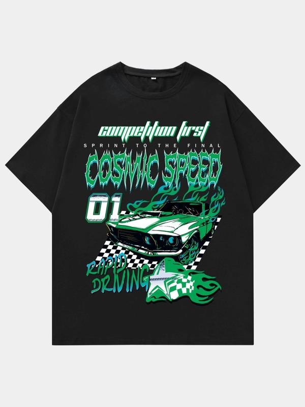 Men'WB shield Car & Letter Print Drop Shoulder Graphic Tee, Regular Fit Casual Comfy Round Neck Half Sleeve T-Shirt for...