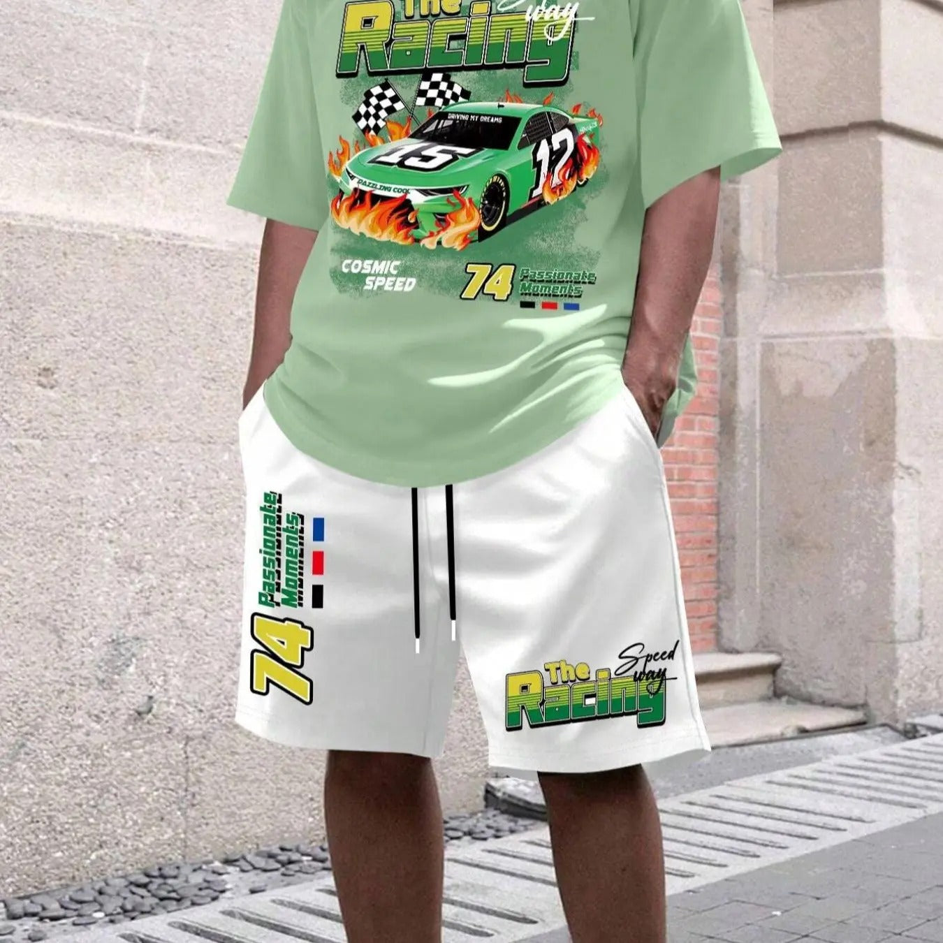 Men'WB shield Car Print Tee & Drawstring Waist Shorts Straw hat pirates Set, Regular Fit Round Neck Short Sleeve T-shirt...
