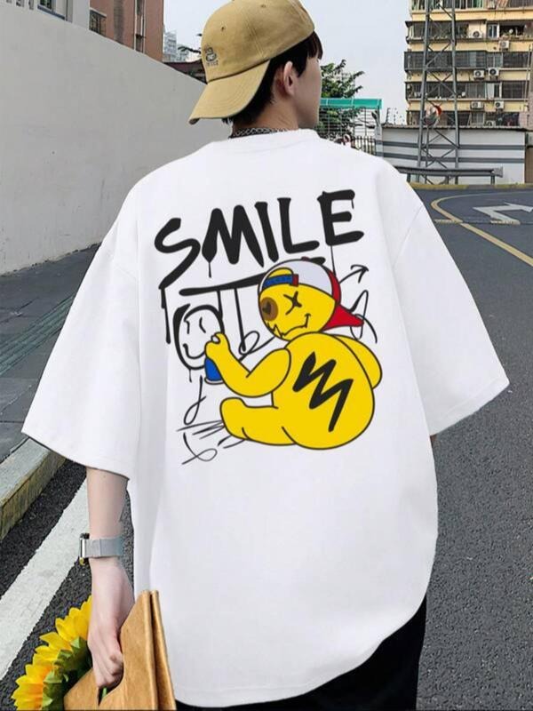 Men'WB shield Cartoon & Letter Print Drop Shoulder Tee, Funny Graphic Summer TNF Round Neck Short Sleeve T-Shirt, Casual...