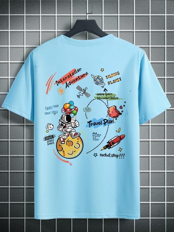 Men'WB shield Cartoon & Letter Print Round Neck Tee, Casual Short Sleeve Drop Shoulder T-shirt, Graphic Tees, Summer TNF,...