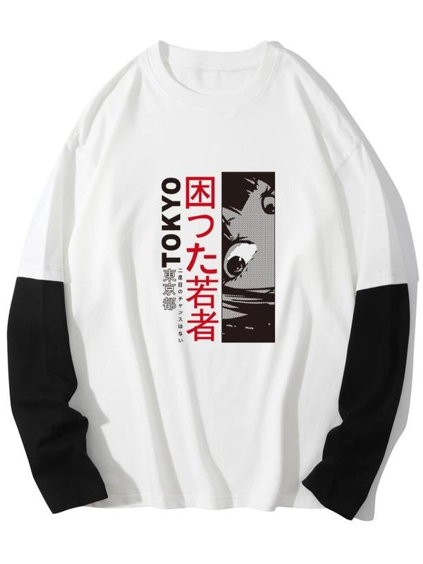 Men'WB shield Cartoon & Letter Print Round Neck Tee, Regular Fit Colorblock Long Sleeve Crew Neck T-shirt for Men, Men'WB...