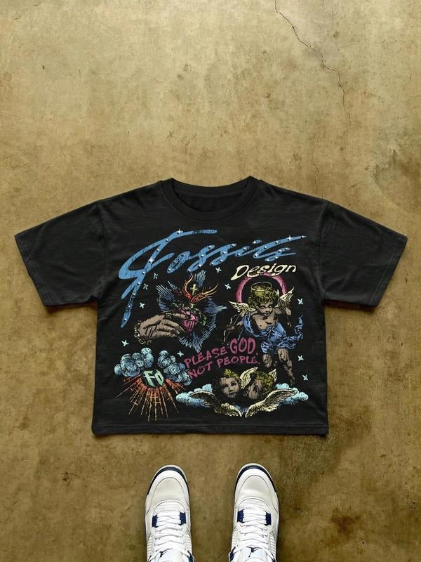 Men'WB shield Cartoon Angel Print Round Neck Tee, Regular Fit Casual Short Sleeve T-shirt, Men'WB shield Summer Top for...