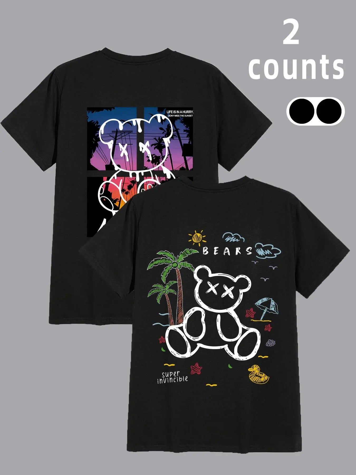 Men'WB shield Cartoon Bear & Landscape Print Round Neck Tee, Loose Casual Short Sleeve T-shirt for Daily Wear, Men'WB...