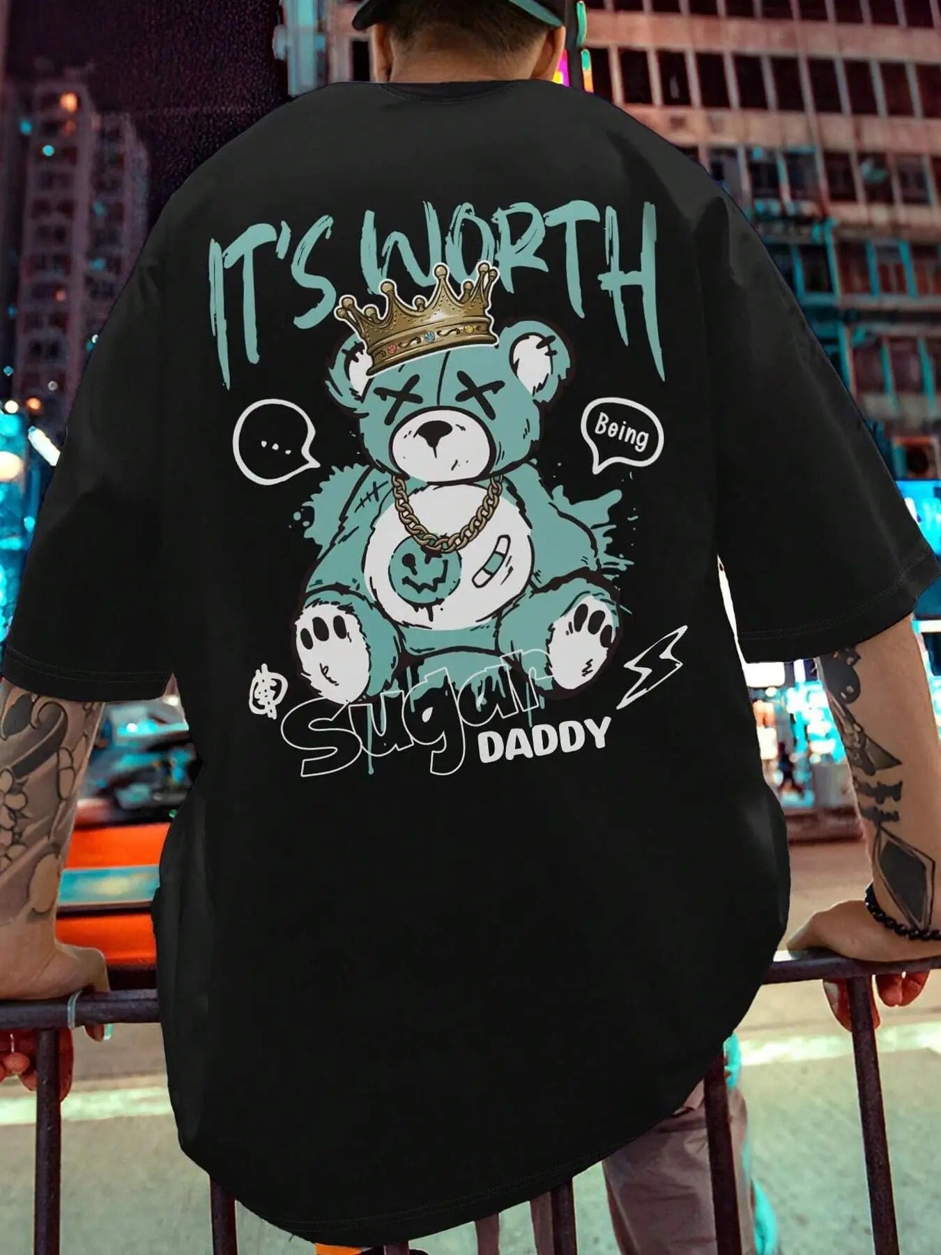 Men'WB shield Cartoon Bear & Letter Print Drop Shoulder Tee, Regular Fit Casual Comfy Round Neck Half Sleeve T-Shirt for...