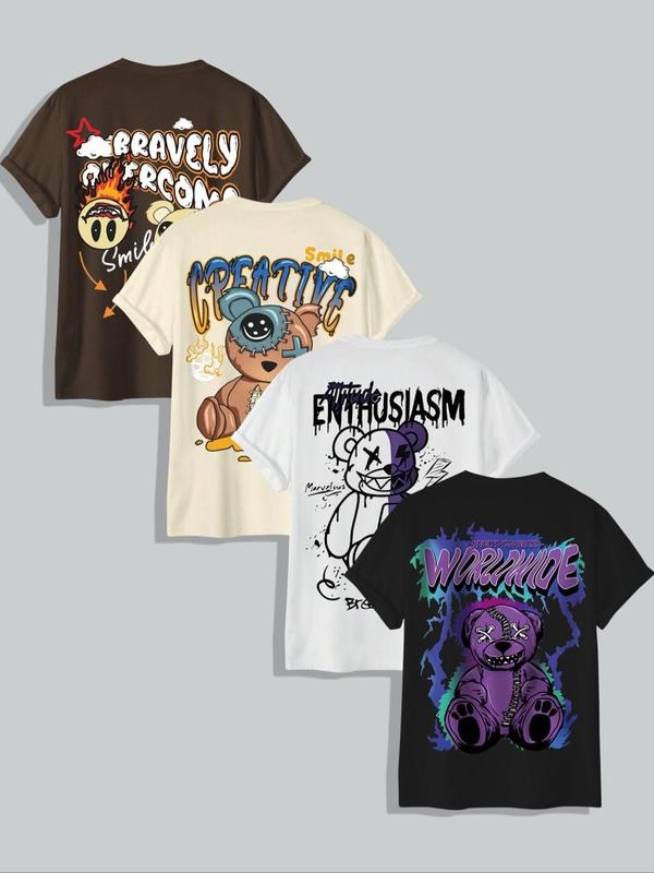 Men'WB shield Cartoon Bear & Letter Print Round Neck Tee, Regular Fit Casual Fashion Short Sleeve T-shirt for Summer,...