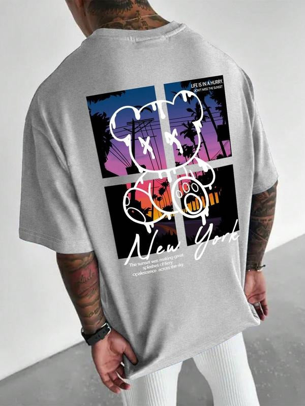 Men'WB shield Cartoon Bear & Slogan Print Round Neck Tee, Regular Fit Casual Short Sleeve T-shirt, Men'WB shield Summer...