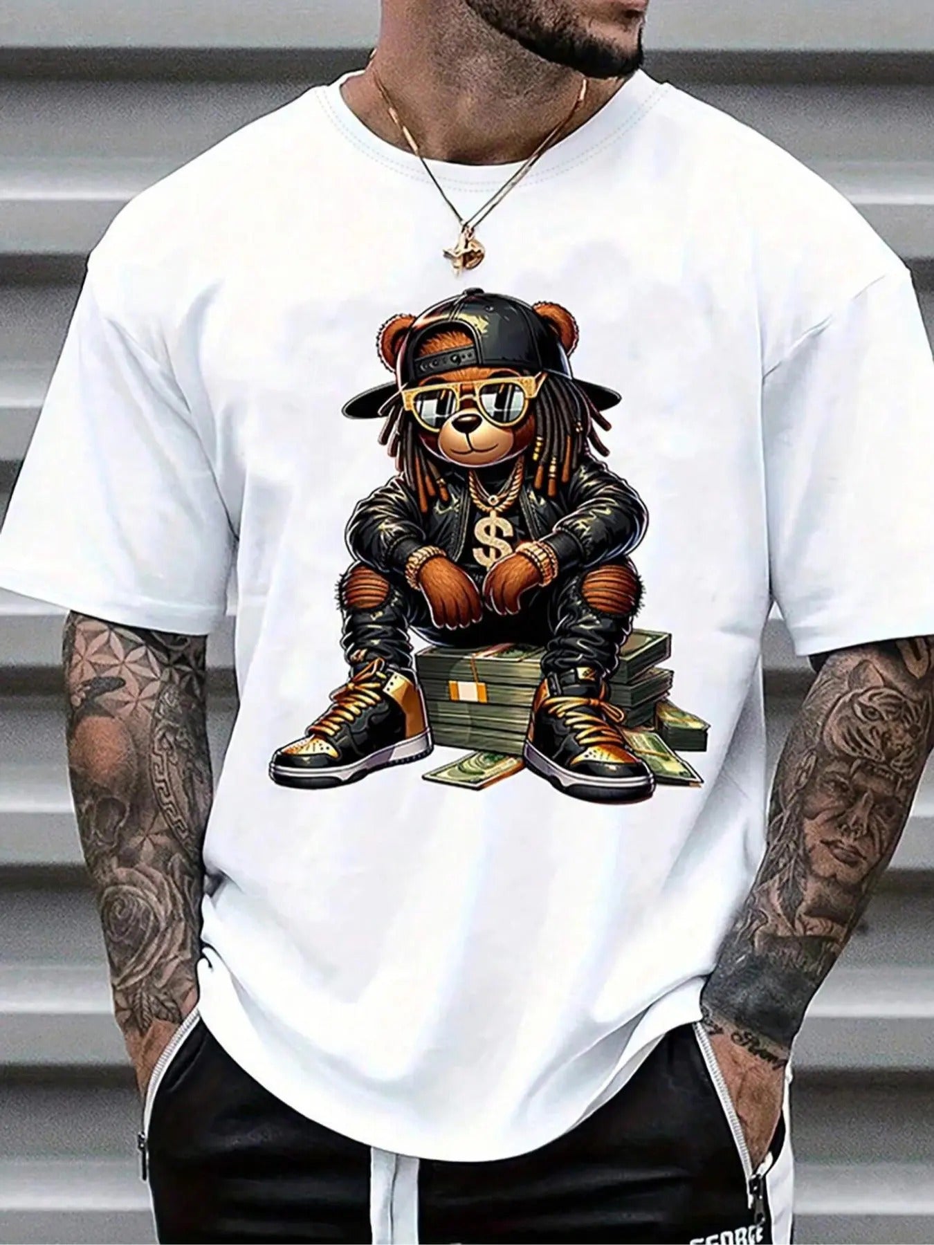 Men'WB shield Cartoon Bear Print Drop Shoulder Tee, Regular Fit Casual Comfy Round Neck Half Sleeve T-Shirt for Summer,...