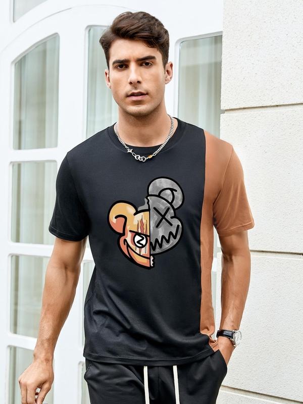 Men'WB shield Cartoon Bear Print Round Neck Tee Without Necklace, Summer TNF, Regular Fit Colorblock Print Short Sleeve...