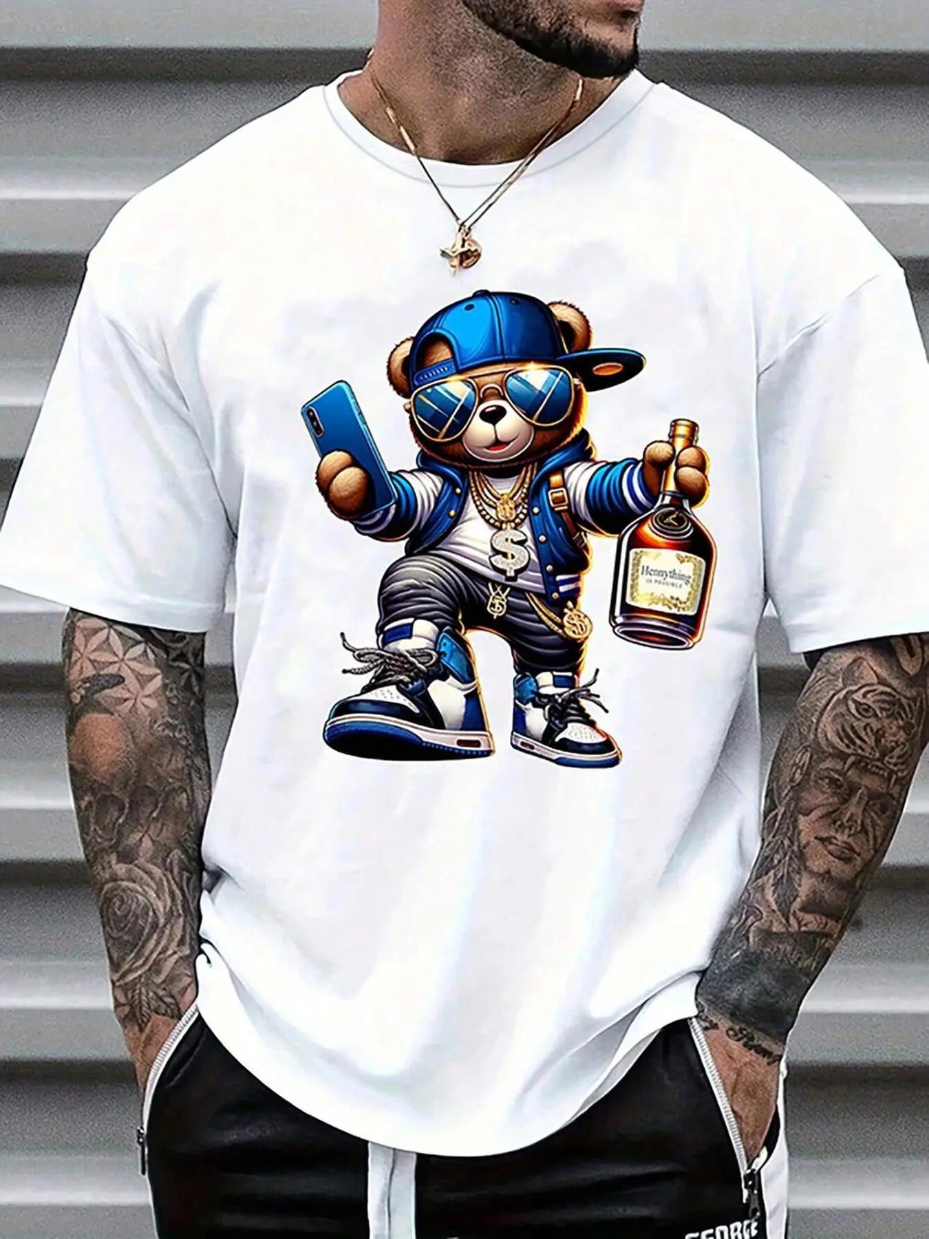 Men'WB shield Cartoon Bear Print Round Neck Tee, Casual Short Sleeve Crew Neck T-shirt for Summer, Fashion Men'WB shield...