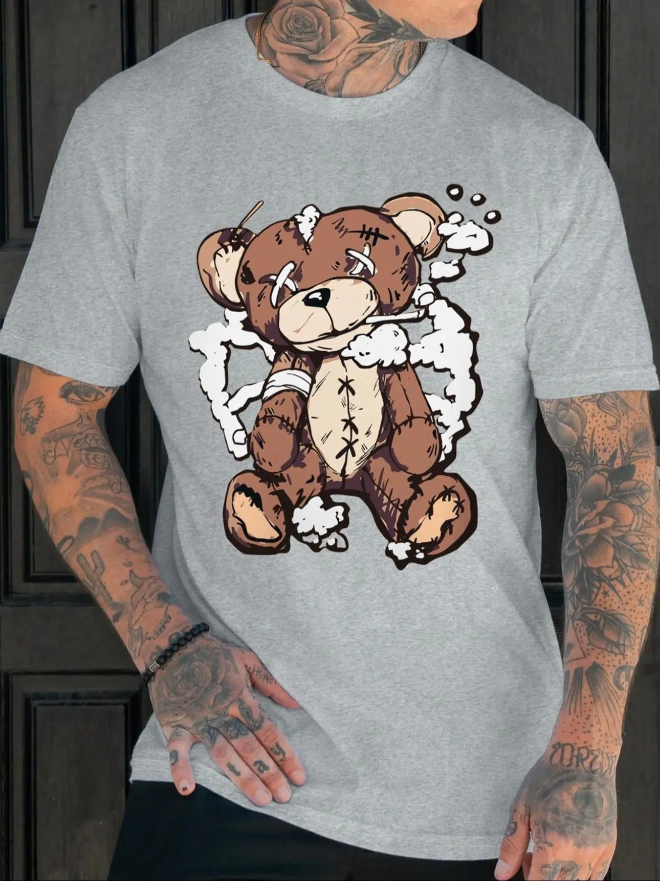Men'WB shield Cartoon Bear Print Round Neck Tee, Regular Fit Casual Short Sleeve T-shirt for Daily Wear, Men'WB shield...