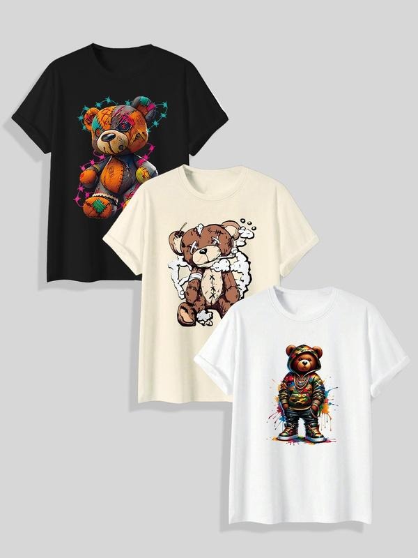 Men'WB shield Cartoon Bear Print Round Neck Tee, Regular Fit Casual Short Sleeve T-shirt, Men'WB shield Summer Top for...