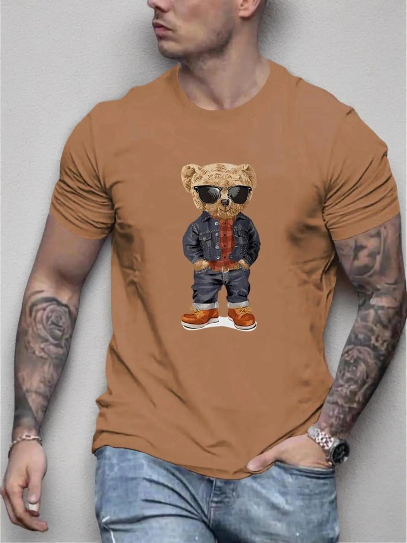 Men'WB shield Cartoon Bear Print Round Neck Tee, Regular Fit Crew Neck Short Sleeve T-shirt for Summer, Men'WB shield Top...