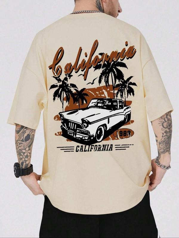 Men'WB shield Cartoon Car Graphic Print Round Neck Tee, Loose Casual Drop Shoulder Short Sleeve T-shirt for Summer,...