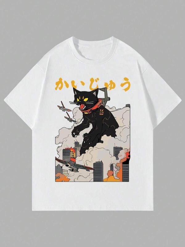 Men'WB shield Cartoon Cat & Letter Print Round Neck Tee, Regular Fit Casual Short Sleeve Crew Neck T-Shirt for Summer,...