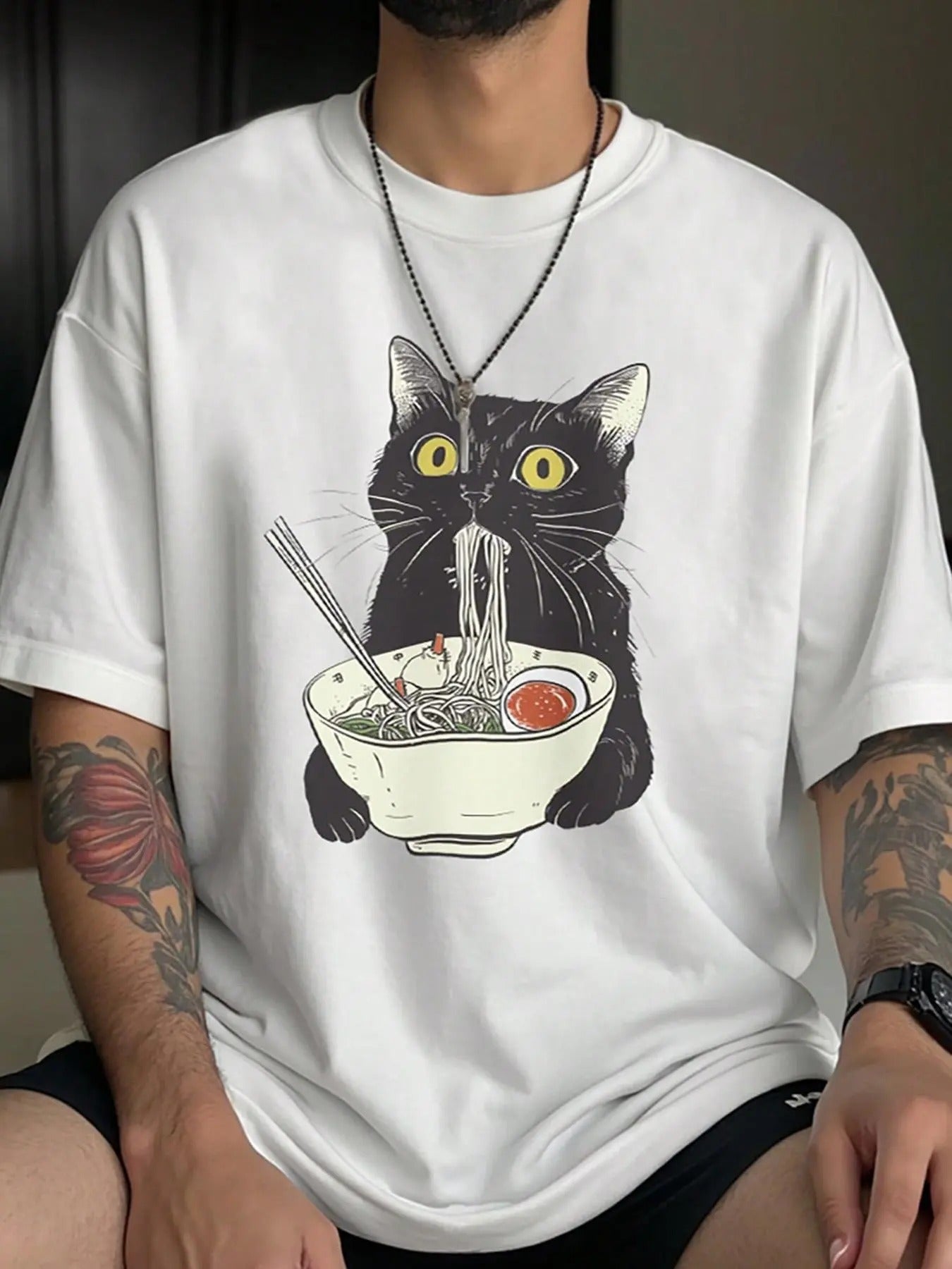Men'WB shield Cartoon Cat & Ramen Noodles Print Round Neck Graphic Tee, Regular Fit Casual Short Sleeve T-shirt for...