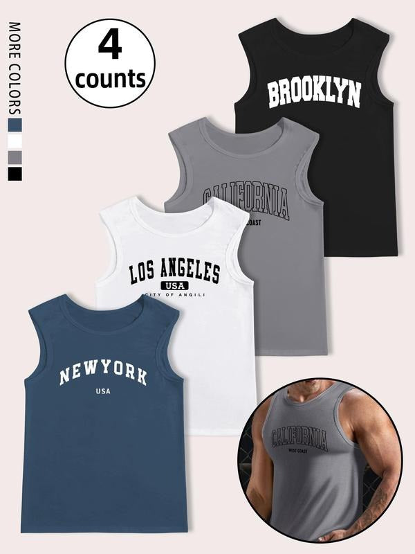 Men'WB shield Cartoon City & Letter Print Tank Top, Regular Fit Casual Sleeveless Round Neck Top for Summer, Fashion...