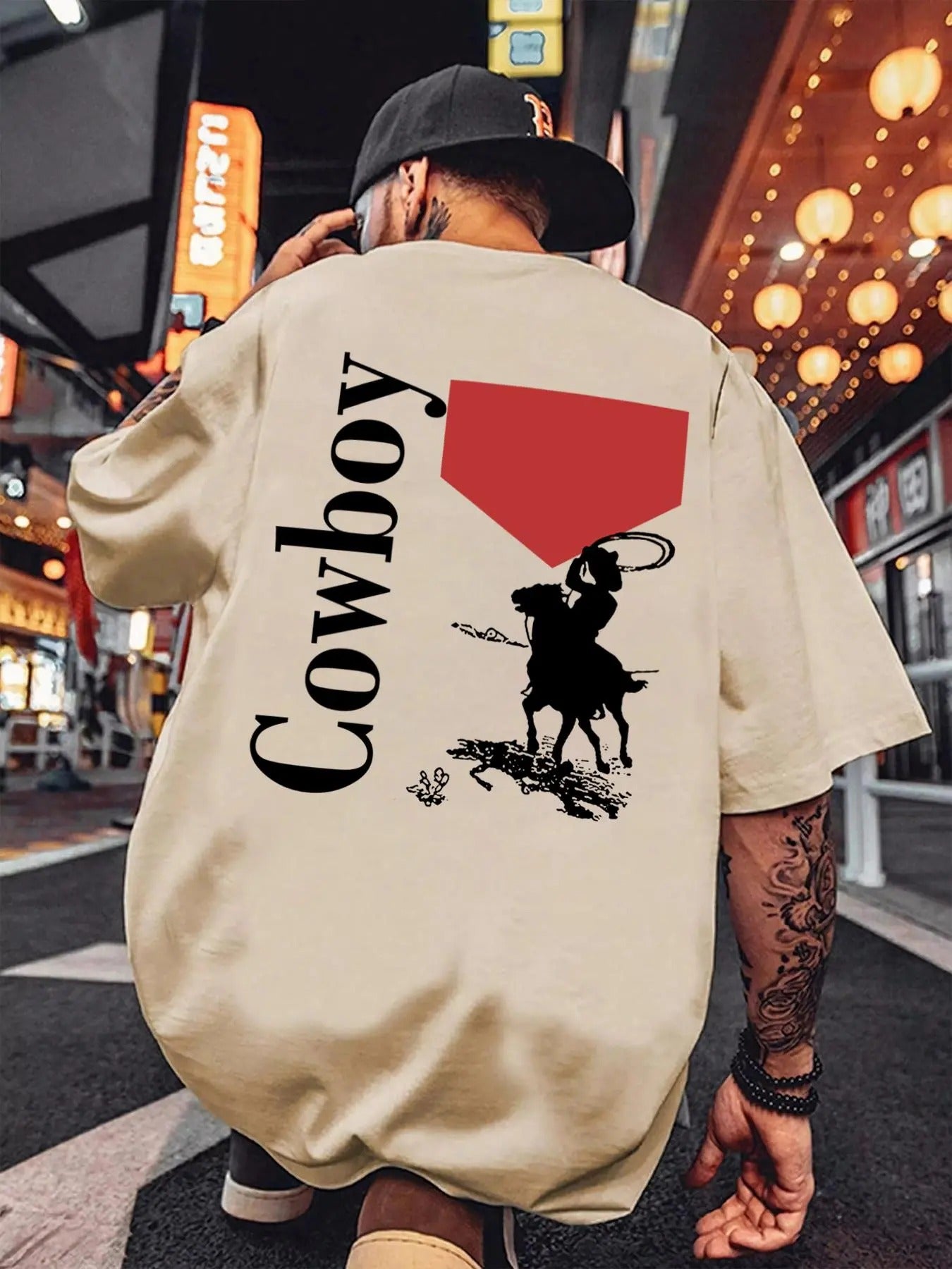 Men'WB shield Cartoon Cowboy Graphic Print Round Neck Tee, Regular Fit Casual Drop Shoulder Short Sleeve T-shirt, Men'WB...