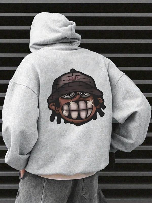 Men'WB shield Cartoon Figure Print Drop Shoulder Hoodie, Regular Fit Fashion Casual Drawstring Pocket Hooded Sweatshirt...