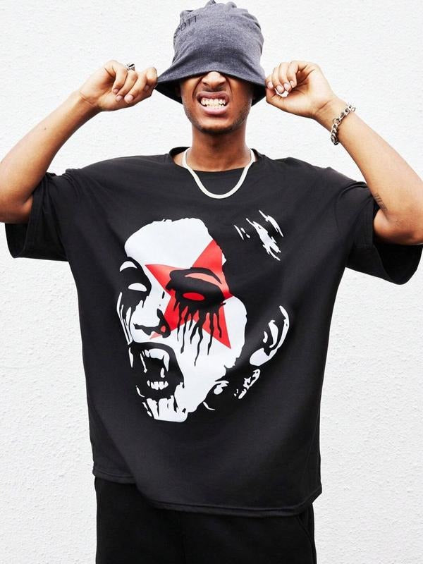 Men'WB shield Cartoon Figure Print Drop Shoulder Tee, Regular Fit Street Fashion Casual FOG Comfy Half Sleeve Round Neck...