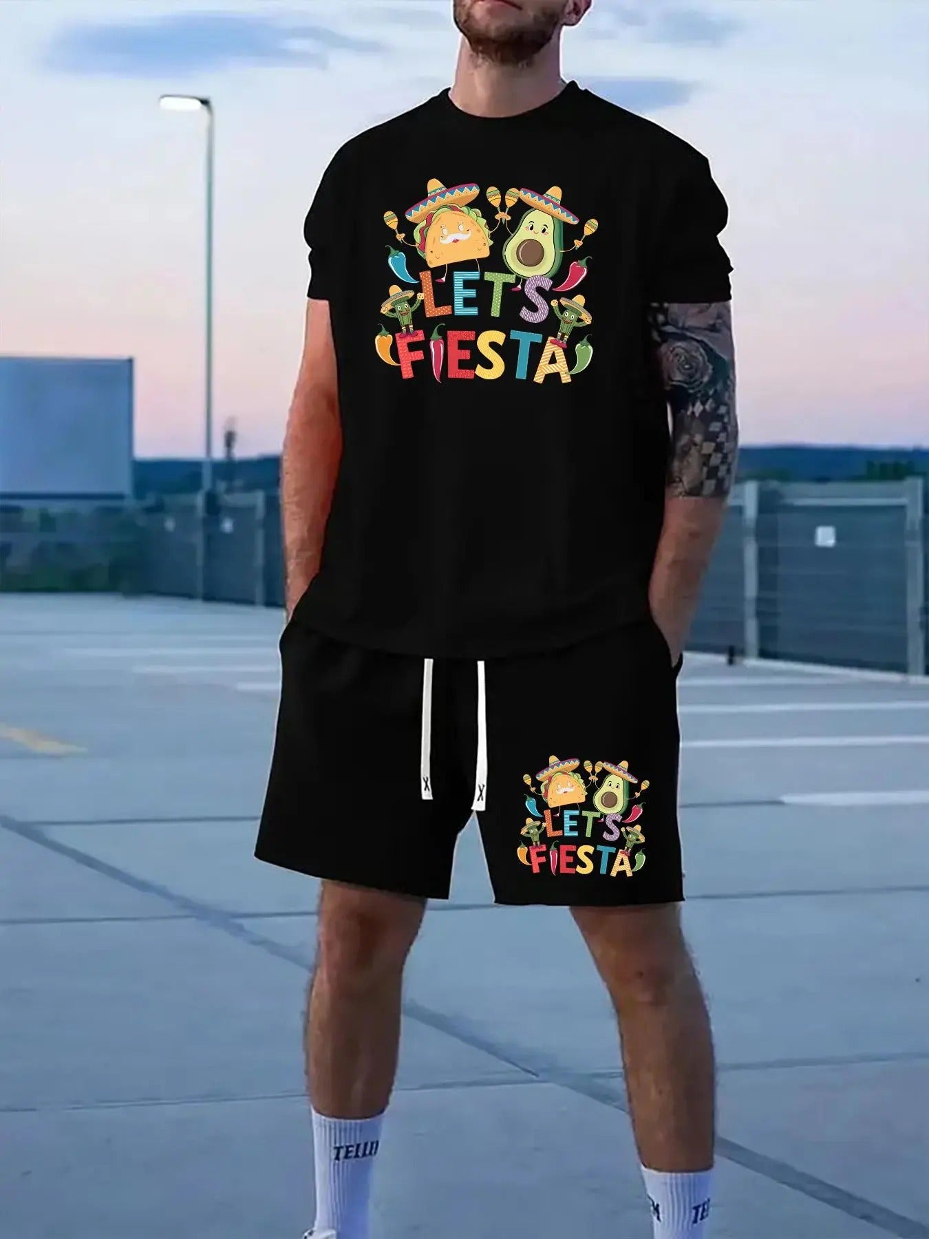 Men'WB shield Cartoon Food & Letter Print Short Sleeve Tee & Drawstring Waist Shorts Set, Casual Round Neck T-shirt &...