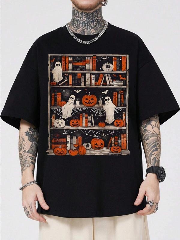 Men'WB shield Cartoon Ghost & Book Print Drop Shoulder Graphic Tee, Casual Comfy Regular Fit Halloween TNF Round Neck...